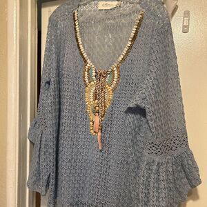 La Bellum by Hillary Scott Blue Embellished Blouse with 3/4 Sleeves